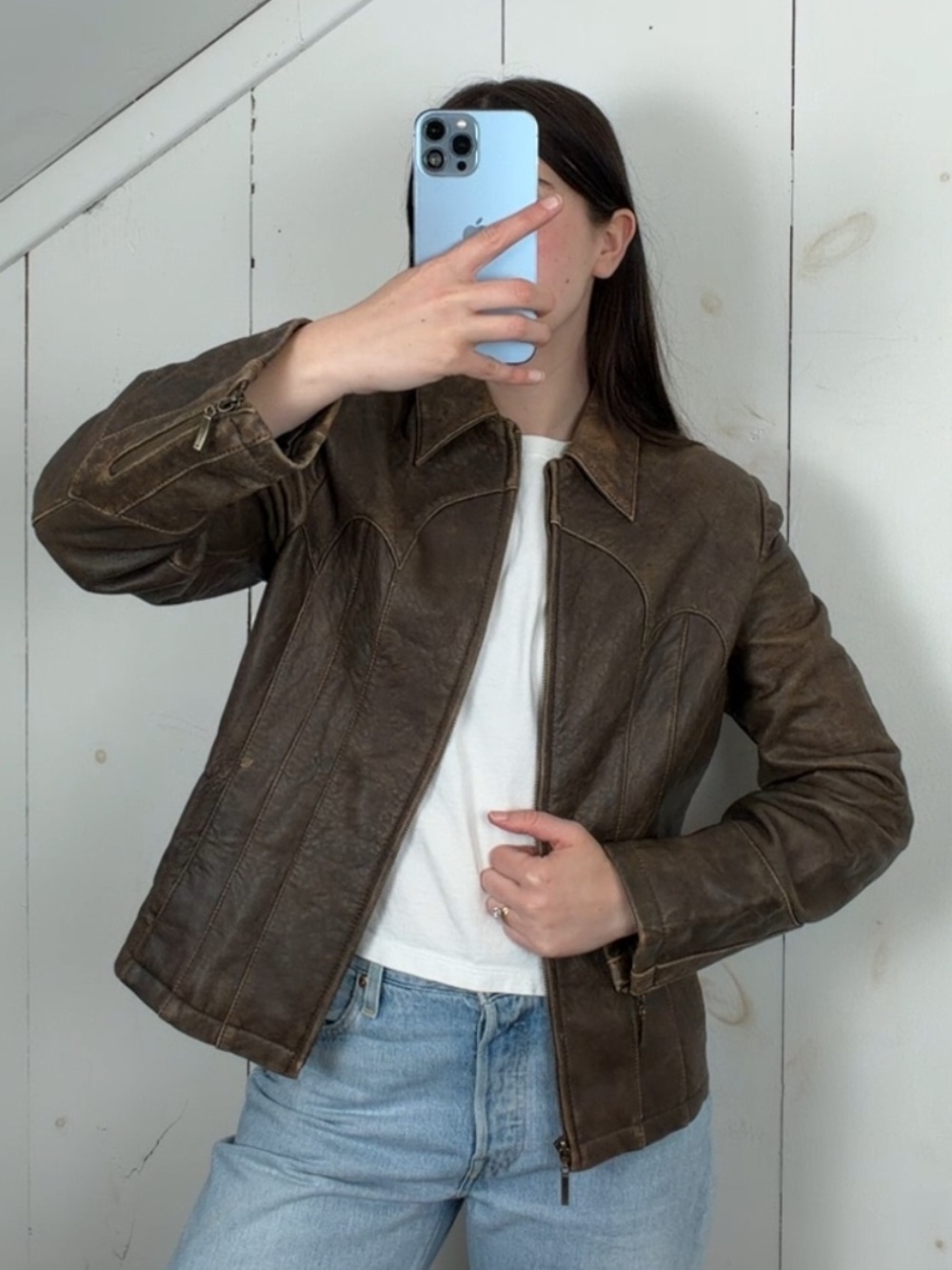 NWT Montanaco Brown Leather Full Zip Jacket Women’s S Western Distressed Patina